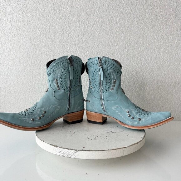 Lane COSSETTE Womens Cowboy Bootie 7.5 Blue Leather Cowgirl Western Ankle Boots - Picture 7 of 11